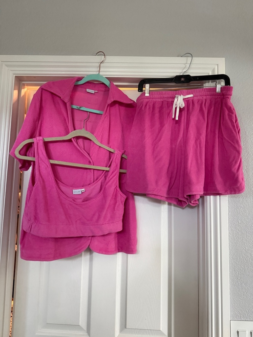 Three-Piece Hot Pink Terry Lounge Set — Tank, Button Shirt & Drawstring Shorts